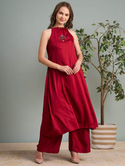 FASHOR - Solid Mirror Embroidered A-Line Panelled Co-Ord Set - Red