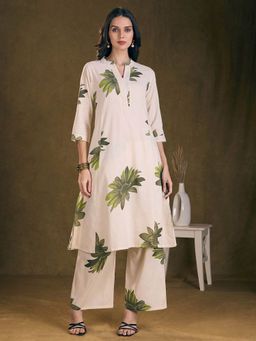 FASHOR - Modern Floral Printed A-Line Panelled Cotton Flax Co-Ord Set - Green