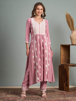 FASHOR - Chikankari Embroidered Panelled Kurta with Pant - Pink