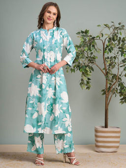 FASHOR - Floral Foil Printed A-Line Co-Ord Set - Sea Green