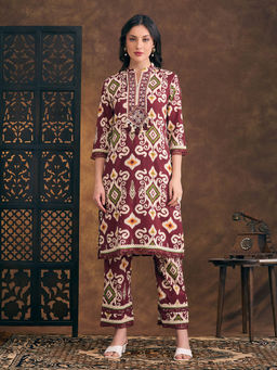 FASHOR - Ikat Printed Straight Fit Co-Ord Set - Maroon
