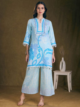 FASHOR - Ethnic Printed Straight Fit Kurta with Palazzo - Blue