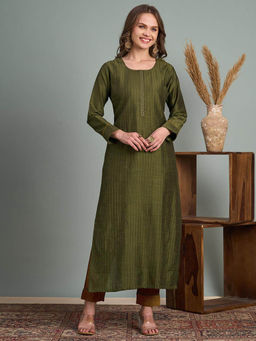 FASHOR - Solid Straight Fit Kurta with Pant - Olive Green