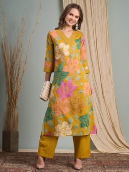 FASHOR - Floral Printed Straight Fit Kurta with Pant - Mustard