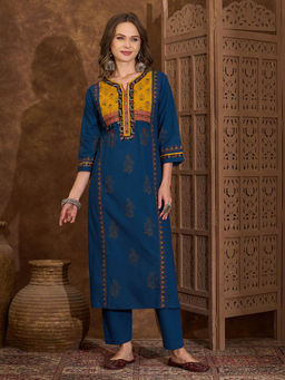 FASHOR - Ethnic Printed Panelled Kurta with Pant - Blue