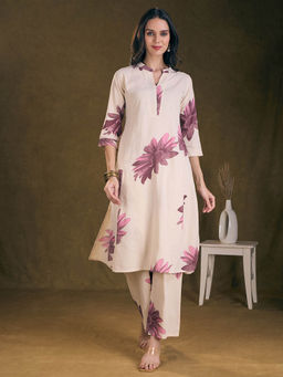 FASHOR - Modern Floral Printed A-Line Panelled Cotton Flax Co-Ord Set - Purple