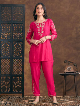 FASHOR - Ethnic Zari Embroidered Straight Fit Kurta with Pant - Pink