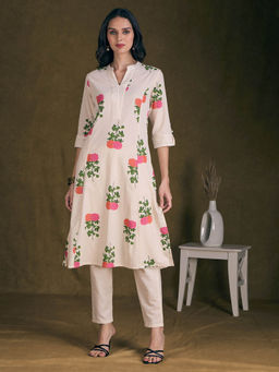 FASHOR - Ethnic Floral Printed A-Line Kurta with Pant - Off White