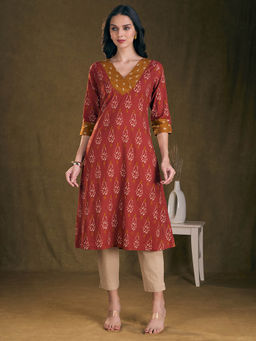 FASHOR - Ethnic Ikat Printed A-Line Kurta with Pant - Rust