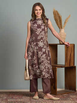 FASHOR - Ethnic Floral Printed A-Line Tissue Kurta with Pant - Brown