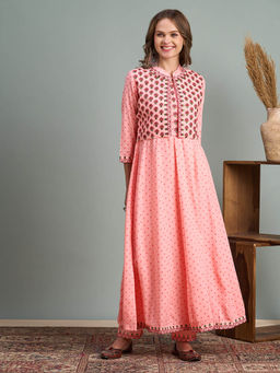 FASHOR - Ethnic Printed Kurta, Embroidered Short Jacket and Pant - Peach