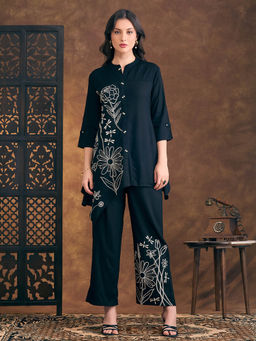 FASHOR - Floral Embroidered Straight Fit Co-Ord Set - Black