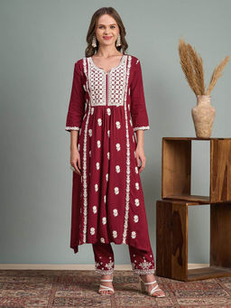 FASHOR - Chikankari Embroidered Panelled Kurta with Pant - Maroon
