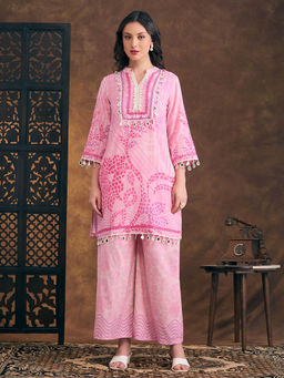FASHOR - Ethnic Printed Straight Fit Kurta with Palazzo - Pink