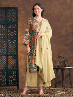 FASHOR - Ikat Printed Straight Kurta Palazzo and Dupatta - Multi-Color