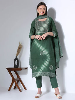 FASHOR - Ethnic Embroidered Straight Fit Kurta with Pant and Dupatta - Green