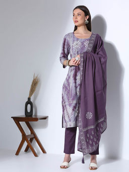 FASHOR - Ethnic Embroidered Straight Fit Kurta Pant and Dupatta - Lavender