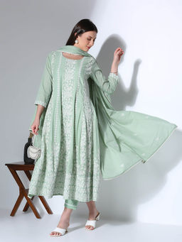 FASHOR - Floral Embroidered Flared Kurta Pant and Dupatta - Green