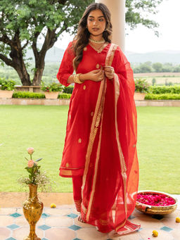 FASHOR - Gota Patti Embroidered Straight Fit Kurta Pant and Dupatta - Red