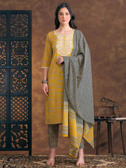 FASHOR - Ethnic Floral Printed Embroidered Straight Fit Kurta Pant and Dupatta - Yellow