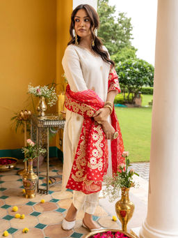 FASHOR - Gota Patti Embroidered Straight Fit Kurta Pant and Dupatta - White