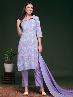 FASHOR - Floral Printed Straight Fit Kurta Pant and Dupatta - Blue