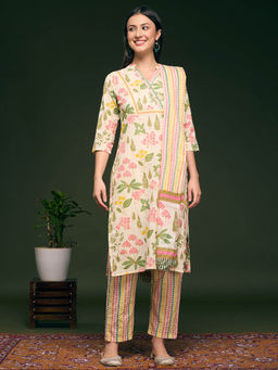 FASHOR - Floral Printed Straight Fit Kurta Pant and Dupatta - Cream