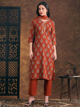 FASHOR - Ethnic Floral Printed Straight Fit Kurta Pant and Dupatta - Rust