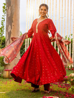 FASHOR - Ethnic Anarkali Kurta with Pant and Printed Dupatta - Red