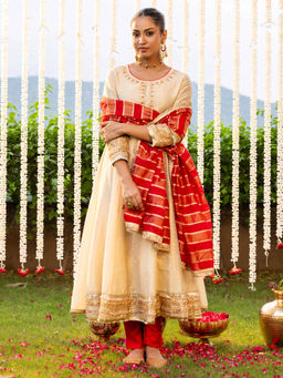 FASHOR - Ethnic Anarkali Flared Kurta with Pant and Dupatta - Beige