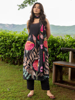 FASHOR - Printed Straight Fit Kurta Pant and Dupatta - Black