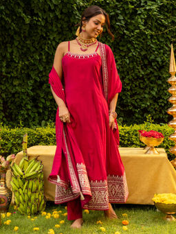 FASHOR - Ethnic Embroidered Anarkali Kurta Pant and Dupatta - Pink