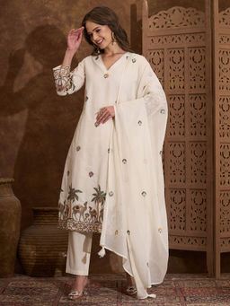 FASHOR - Camel Embroidered Straight Fit Kurta Pant and Dupatta - Off White