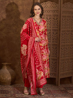 FASHOR - Floral Printed Embroidered Pleated Kurta Pant and Printed Dupatta - Red