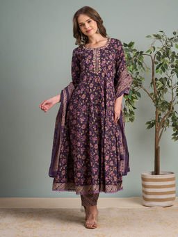 FASHOR - Floral Printed Anarkali Kurta Pant and Dupatta - Purple
