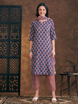 FASHOR - Ethnic Floral Printed Straight Fit Kurta Pant And Dupatta - Blue