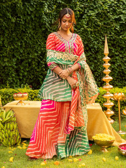 FASHOR - Leheriya Printed and Gota Patti Embroidered Kurti, Skirt and Dupatta - Multi-colour