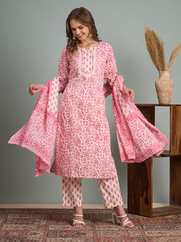 FASHOR - Ethnic Floral Printed Straight Fit Kurta Pant and Dupatta - Pink