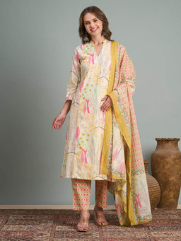 FASHOR - Floral Printed Panelled Kurta Pant and Dupatta - Multi-Color