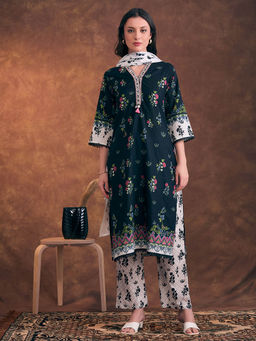 FASHOR - Ethnic Floral Printed A-Line Kurta Pant and Dupatta - Black