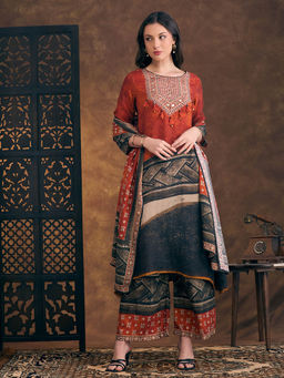 FASHOR - Printed A-Line Kurta Palazzo and Dupatta - Rust