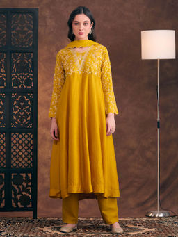 FASHOR - Sequin Floral Embroidered Anarkali Kurta Pant and Dupatta - Mustard