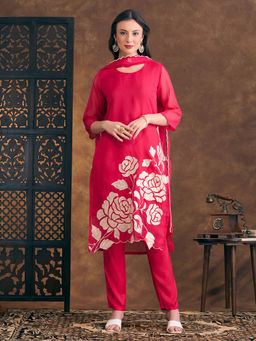 FASHOR - Zari Embroidered Straight Fit Kurta Pant and Dupatta - Pink