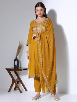 FASHOR - Ethnic Embroidered Straight Fit Kurta Pant and Dupatta - Mustard
