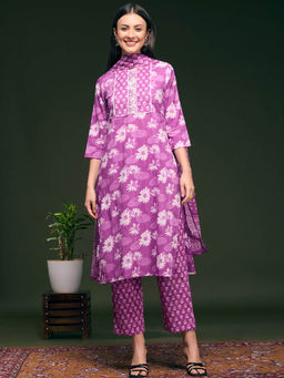 FASHOR - Floral Printed Kurta Pant and Dupatta - Purple