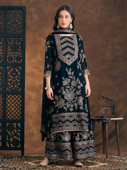 FASHOR - Ethnic Embroidered Straight Fit Kurta Palazzo and Dupatta - Blue