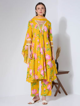 FASHOR - Floral Printed Panelled Kurta with Pant and Dupatta - Yellow