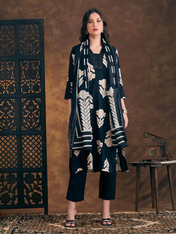 FASHOR - Ethnic Floral Printed Straight Fit Kurta Pant and Dupatta - Navy Blue