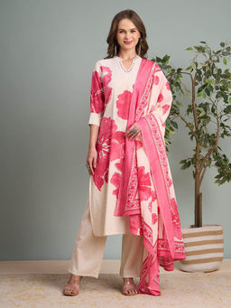 FASHOR - Floral Printed Straight Fit Kurta Pant and Dupatta - Pink