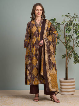 FASHOR - Ethnic Printed A-Line Pleated Kurta Pant and Dupatta - Brown